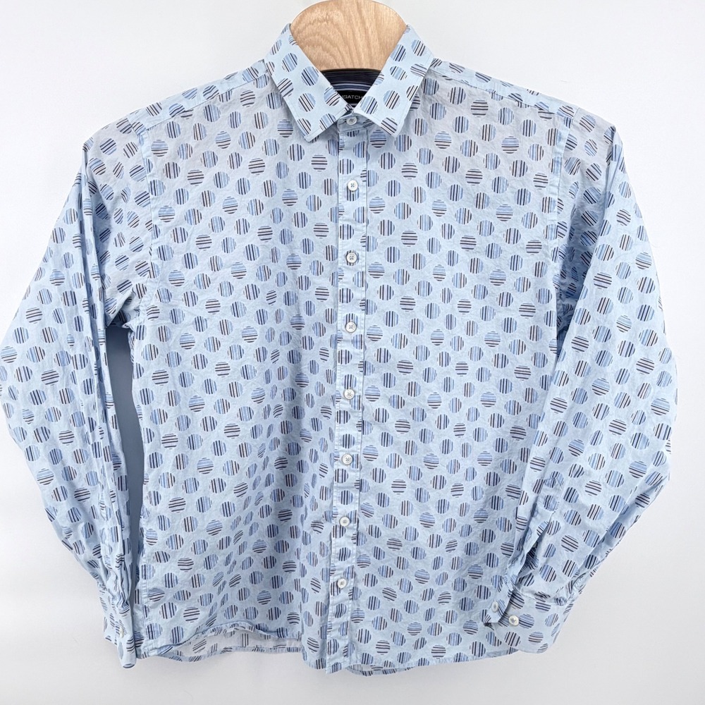 Bugatchi Shirt Mens Classic Fit Long Sleeve Blue Circle Stripe Dot Cotton Button